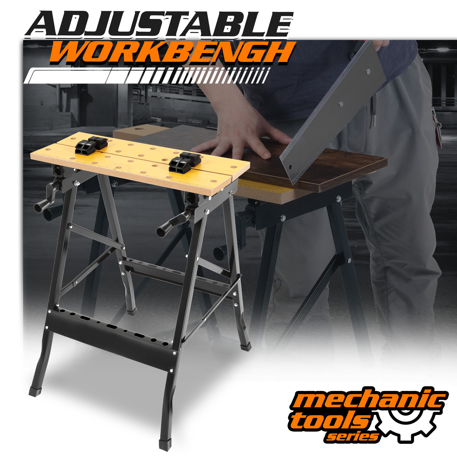 Foldable Work Bench Portable 90-Degree Adjustable 220LBS Wood Top Yellow, Black