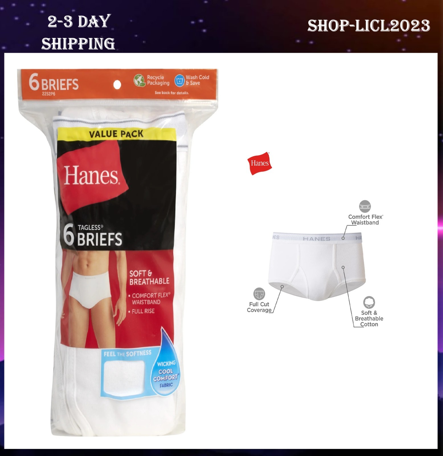 Hanes Briefs 6-Pack Men's Tagless Underwear White Comfort Soft Waistband Wicking