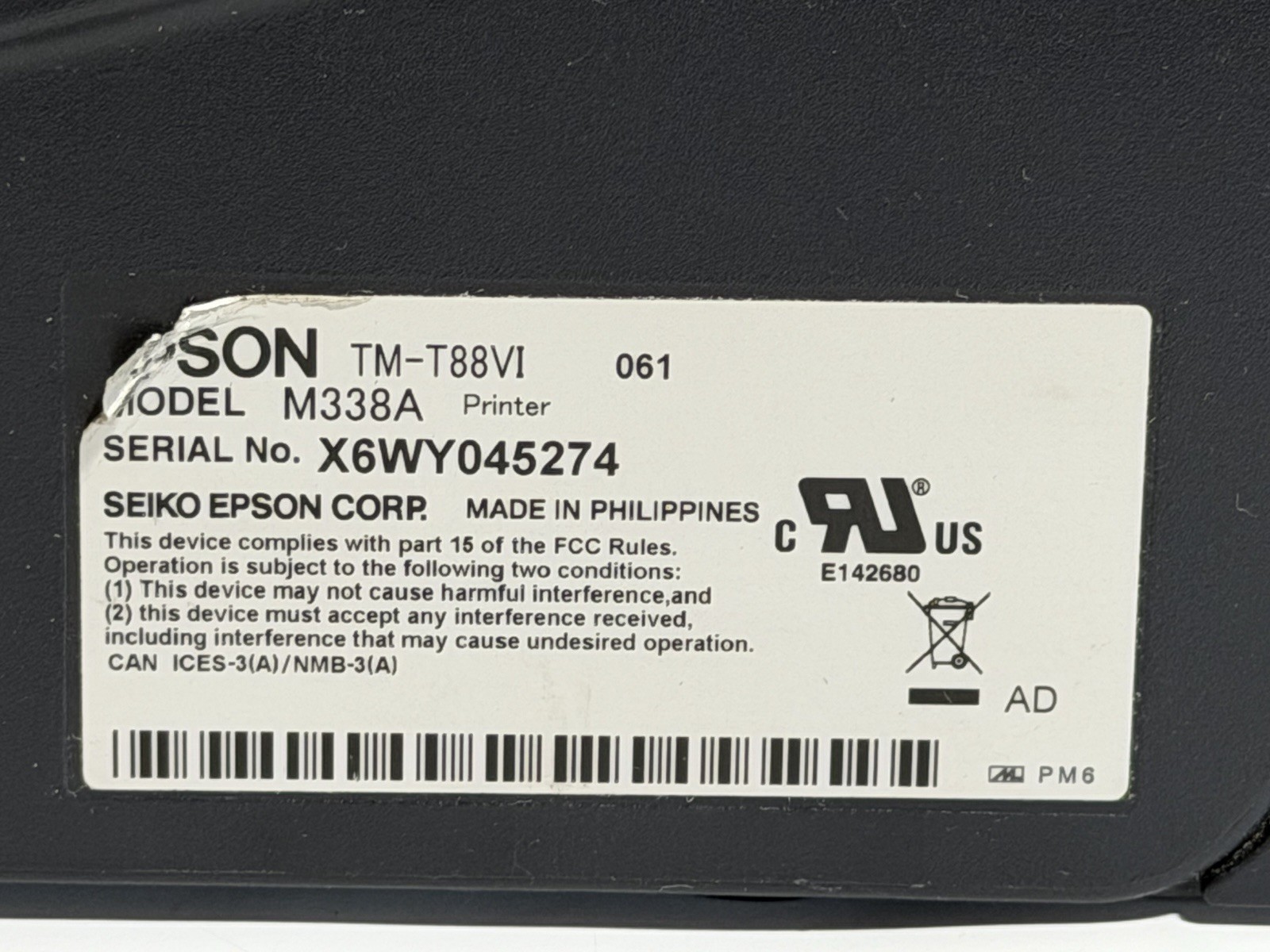 EPSON TM-T88VI Thermal POS receipt printer Ethernet USB Serial M338A Power Cord