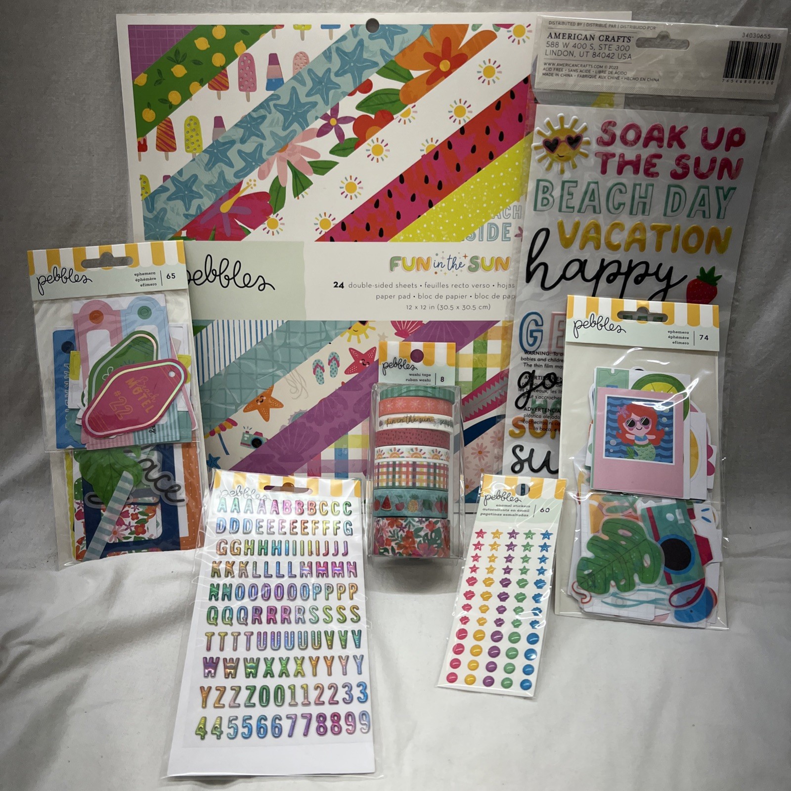 American Crafts Fun In The Sun Collection 7 Pcs Paper Thickers Ephemera Letters