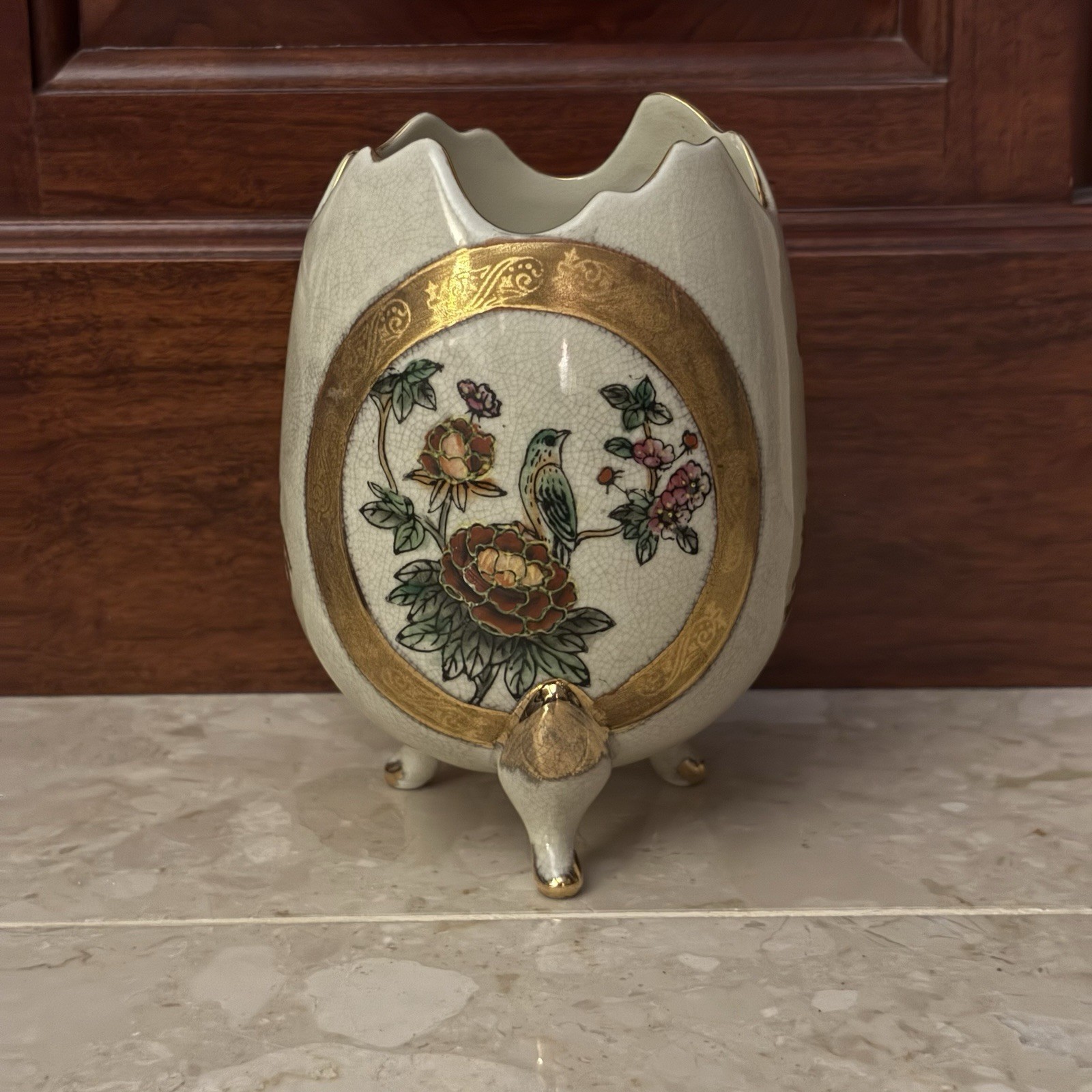 Vintage Formalities By Baum Brothers Bird Flowers Porcelain Egg Vase Or Planter