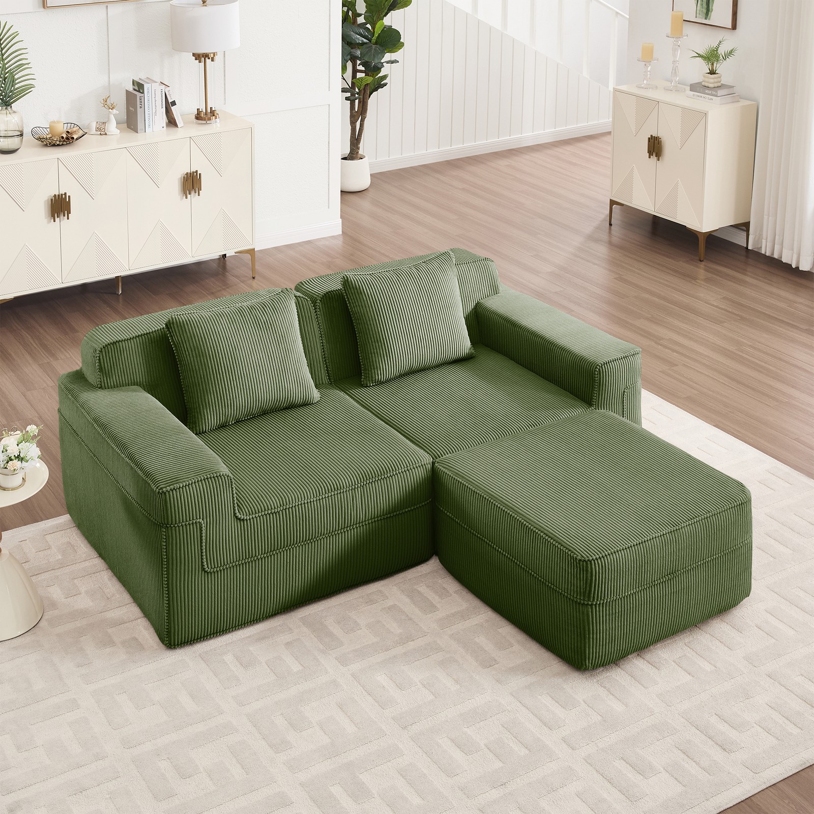 Modular Sectional Sofa Cloud Couch, 2-Seat L-Shape + Ottoman, Corduroy Green