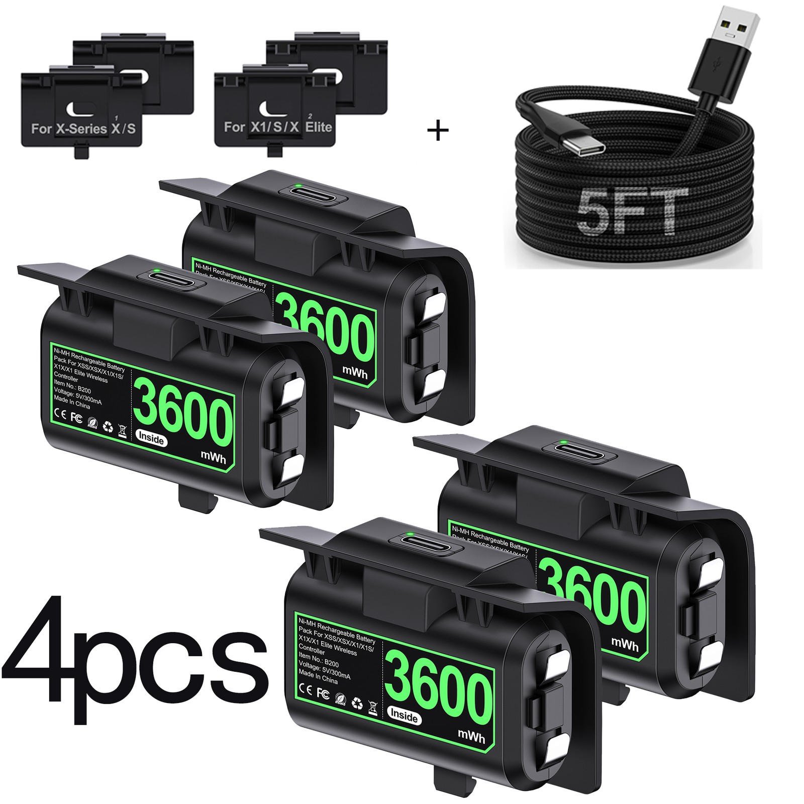4pcs 3600mWh Rechargeable Battery Pack for Xbox One/Xbox Series X/S/ S/X/Elite