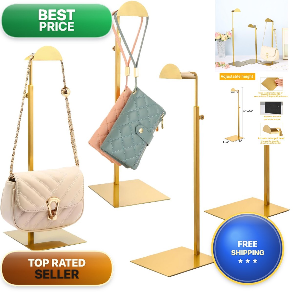 KDYZS+ Purse Display Stands 4 Pack Gold Stainless Steel Adjustable Height Holder