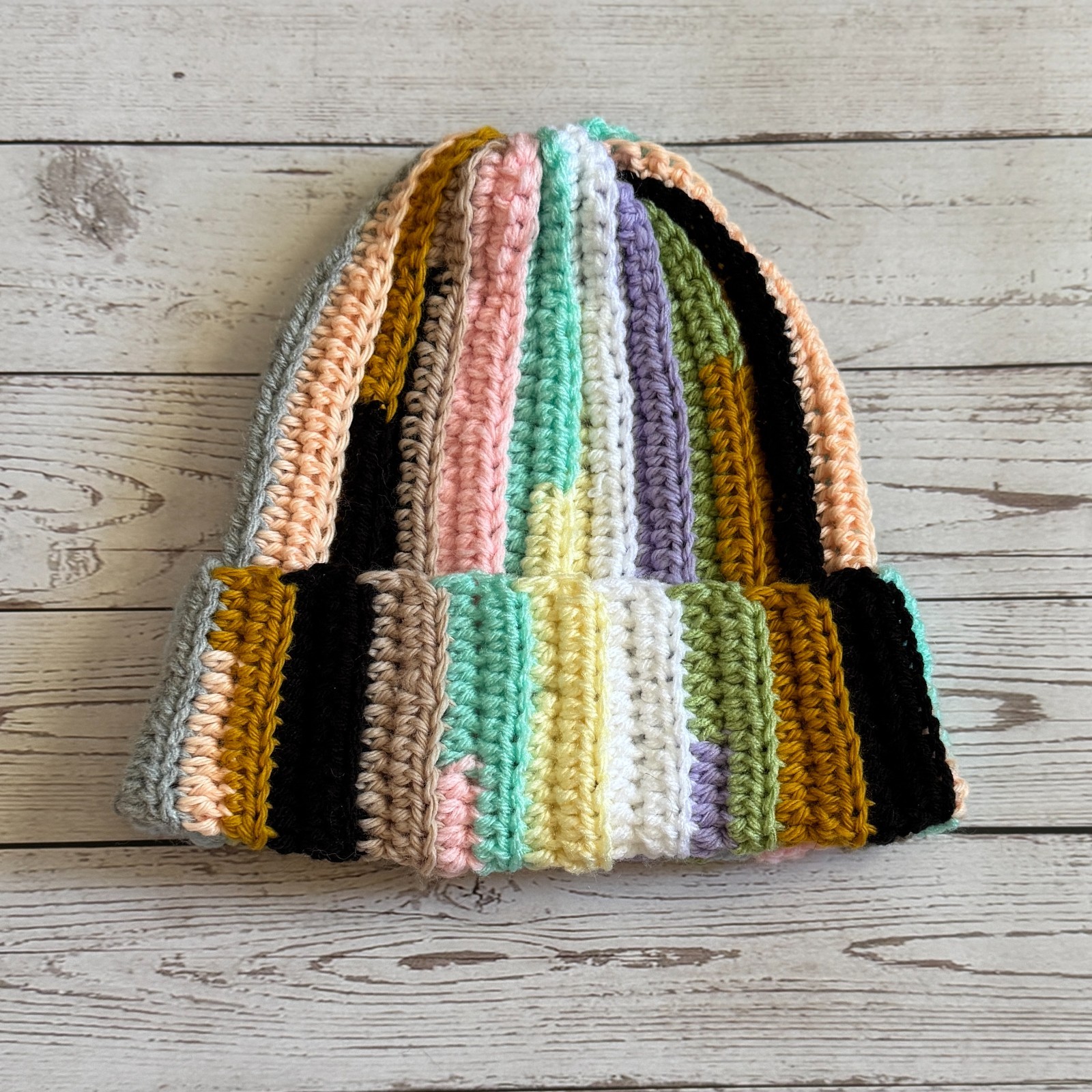 Handmade Pastel Multicolor Crochet Beanie – Ribbed Folded Brim – Acrylic Yarn