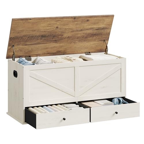 Storage Chest, Storage Bench with 2 Fabric Drawers, Rustic White + Honey Brown