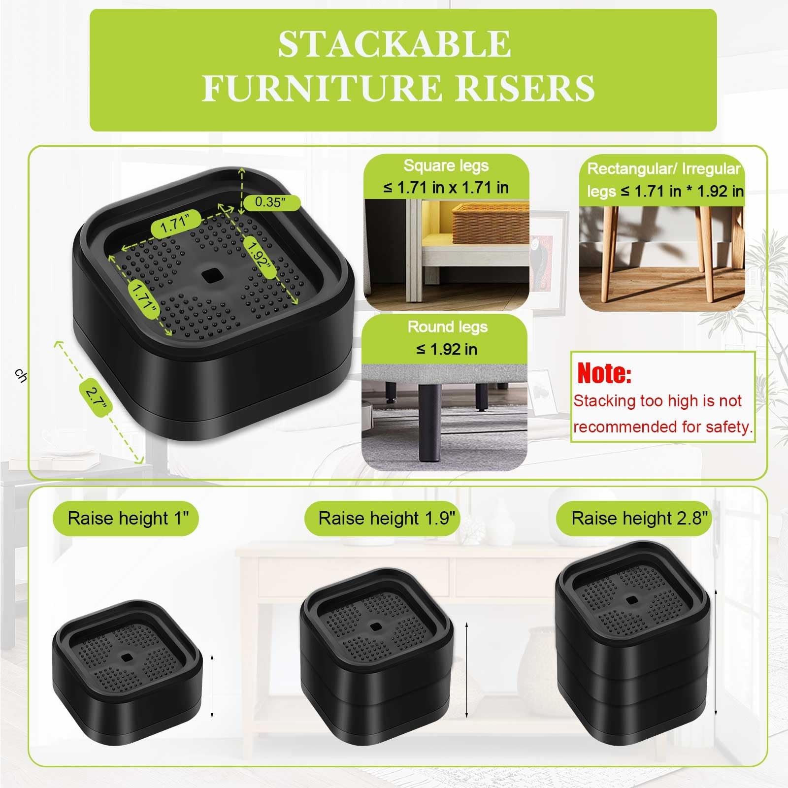 12-Pack Black 1 2 3 Inch Adjustable Square Stackable Bed Furniture Risers