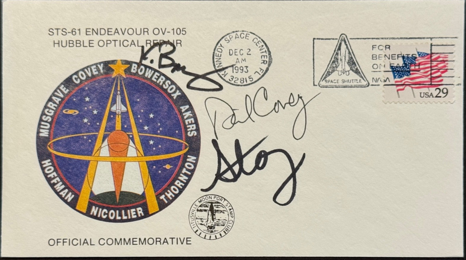 STS61-1st Hubble Service Mission , signed by (3) Bowersox, Covey, Musgrave