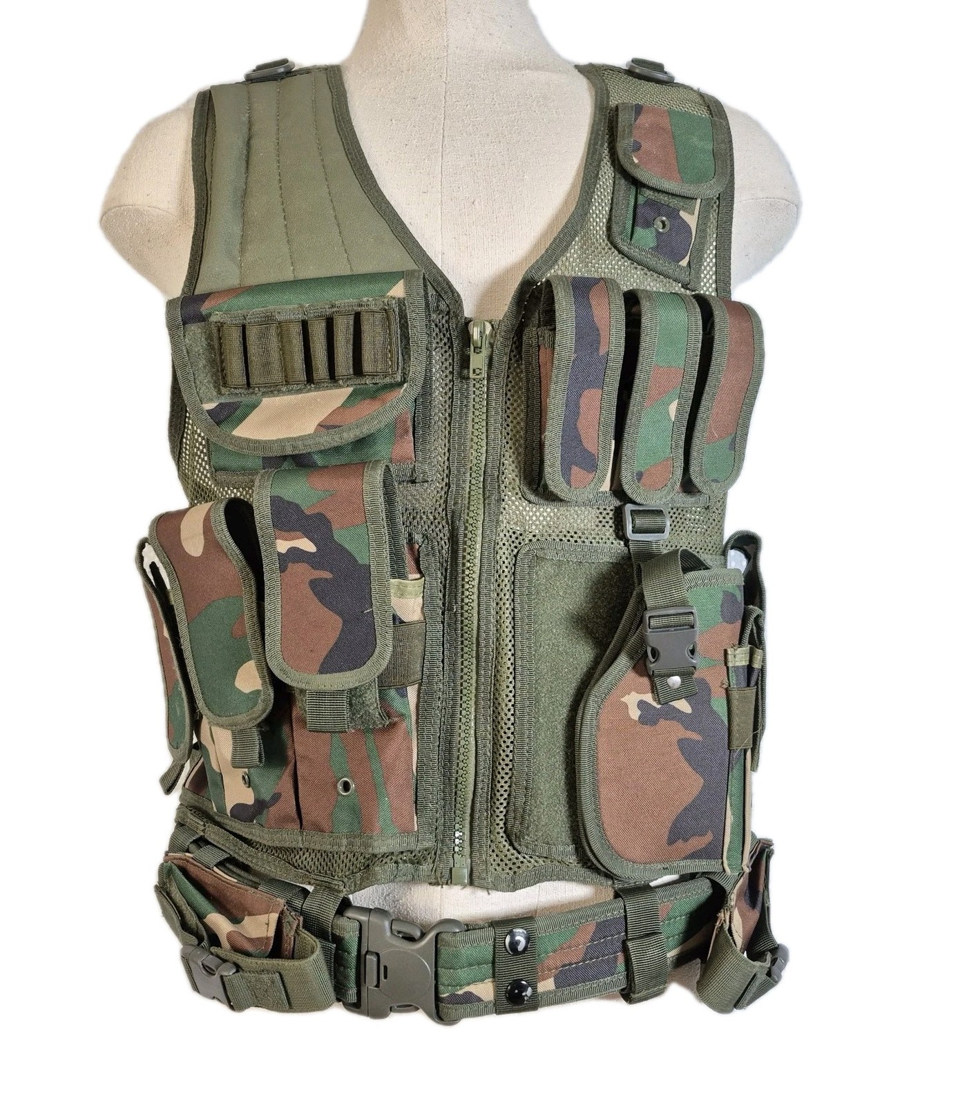 Cross Draw Tactical Vest, Handgun Holster and Pistol Belt Woodland Camo