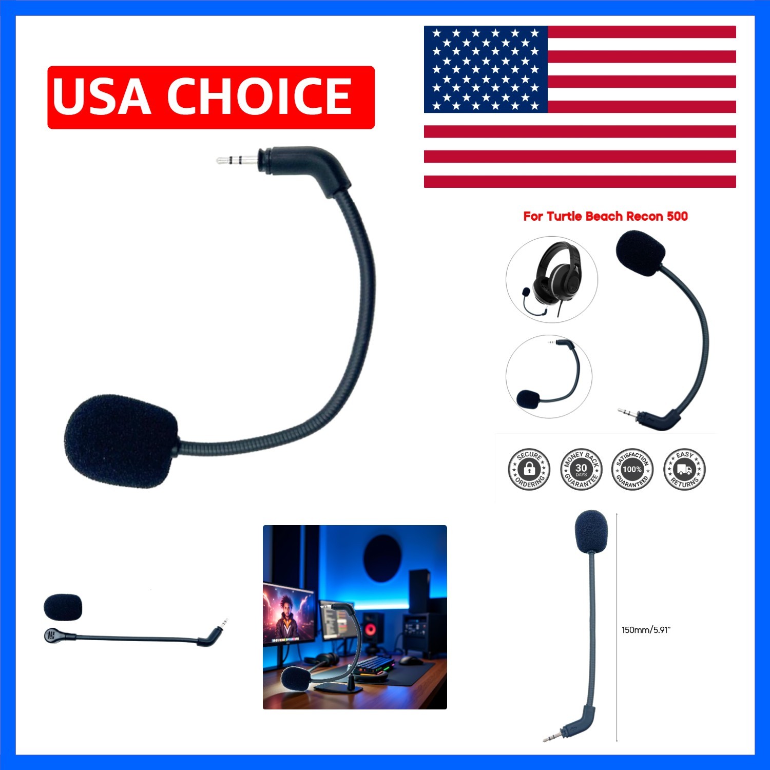 Black 2.5mm Microphone Stereo Studio Gaming Headset Voice Mic Replacement Por...