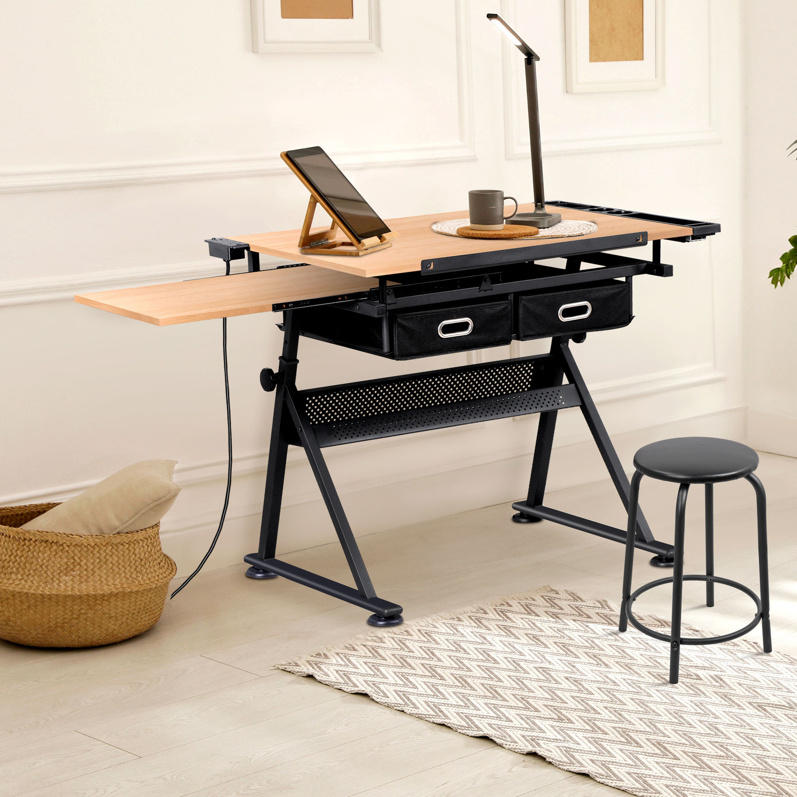 Drafting Table with Stool Set Artist Workstation Natural Writing Desk Home
