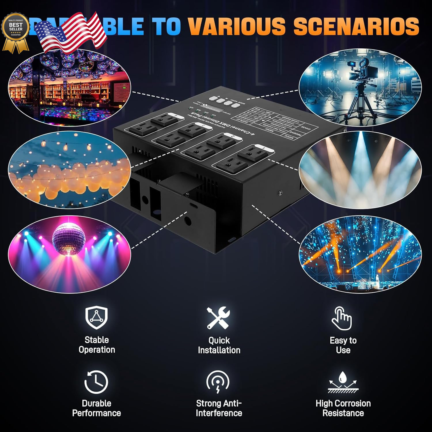 DMX 4-Channel Dimmer Pack with DMX512 Protocol Compatible with High-Voltage