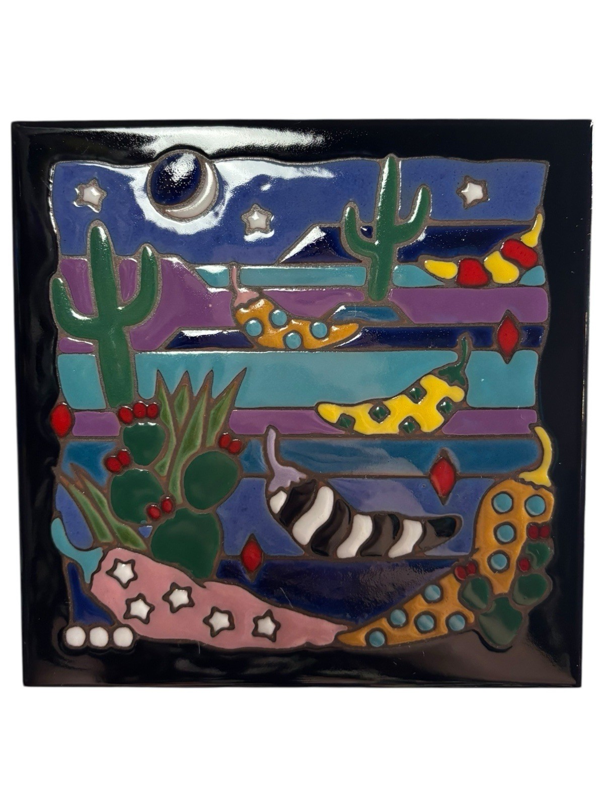 Masterworks Southwest Desert Night Sky Cactus Peppers Ceramic Art Tile Trivet