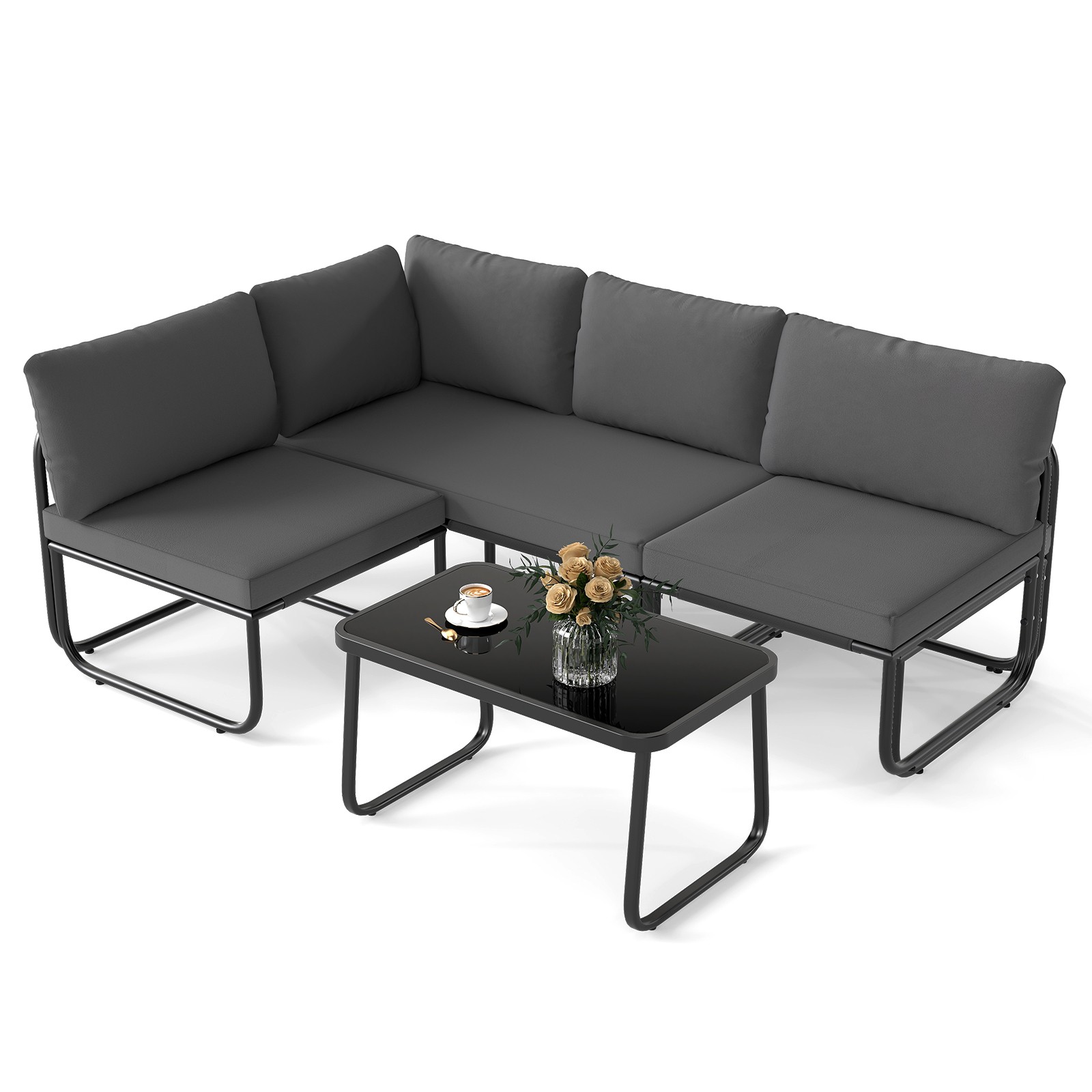4 PCS Patio Furniture Set w/Cushions & Tempered Glass Coffee Table for Garden