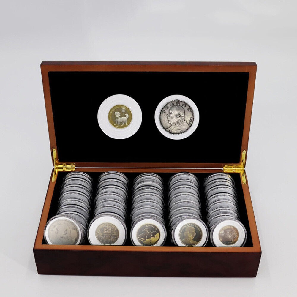 50 Pcs 46MM Round Coin Capsules Wood Adjustable Cushion Collection Box
