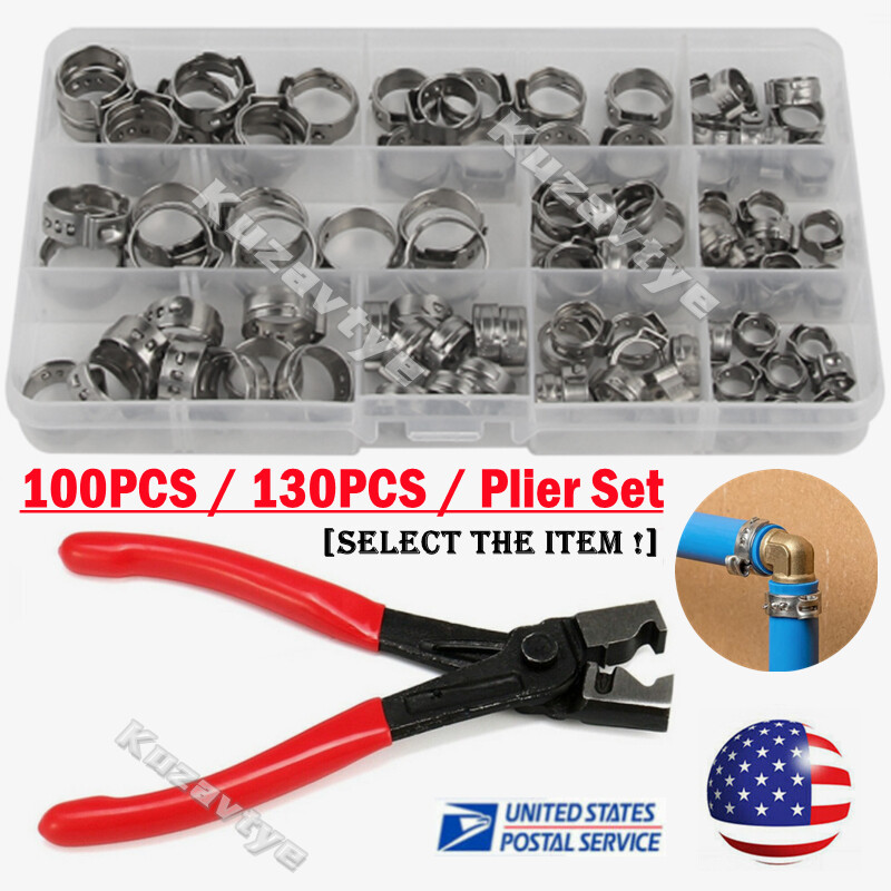 100PCS Hose Clamp Assorted Stainless Steel Ear Cinch Rings Crimp Pinch Plier Set