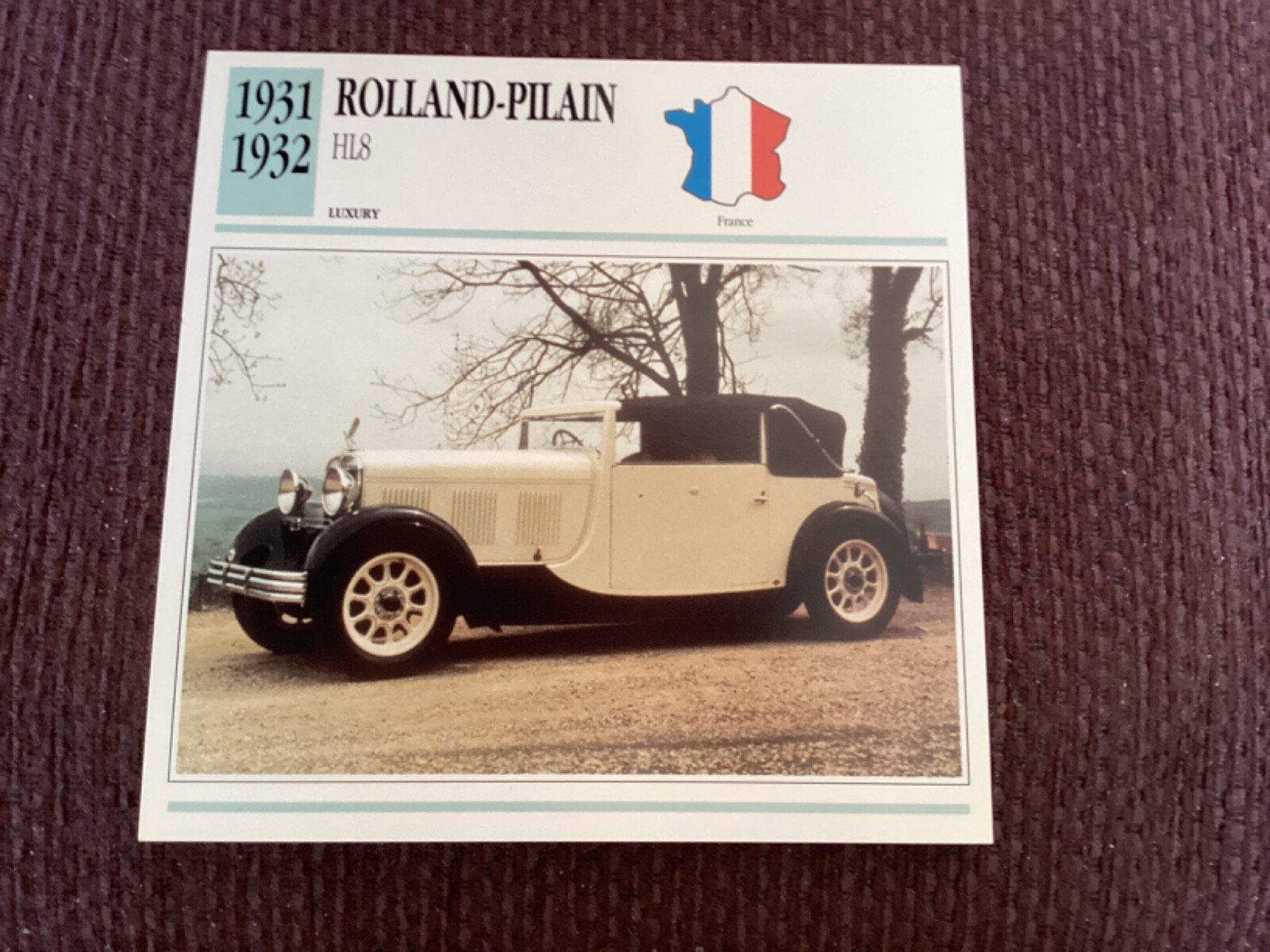 Rolland-Pilain HL8,  1931-32,  Luxury Car, France,  Collectors Card