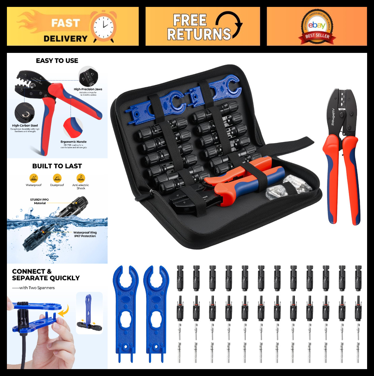 Solar Crimper Tool Kit - 12 Pairs Connectors, 2 Spanners for 14-10 AWG Cable, DI