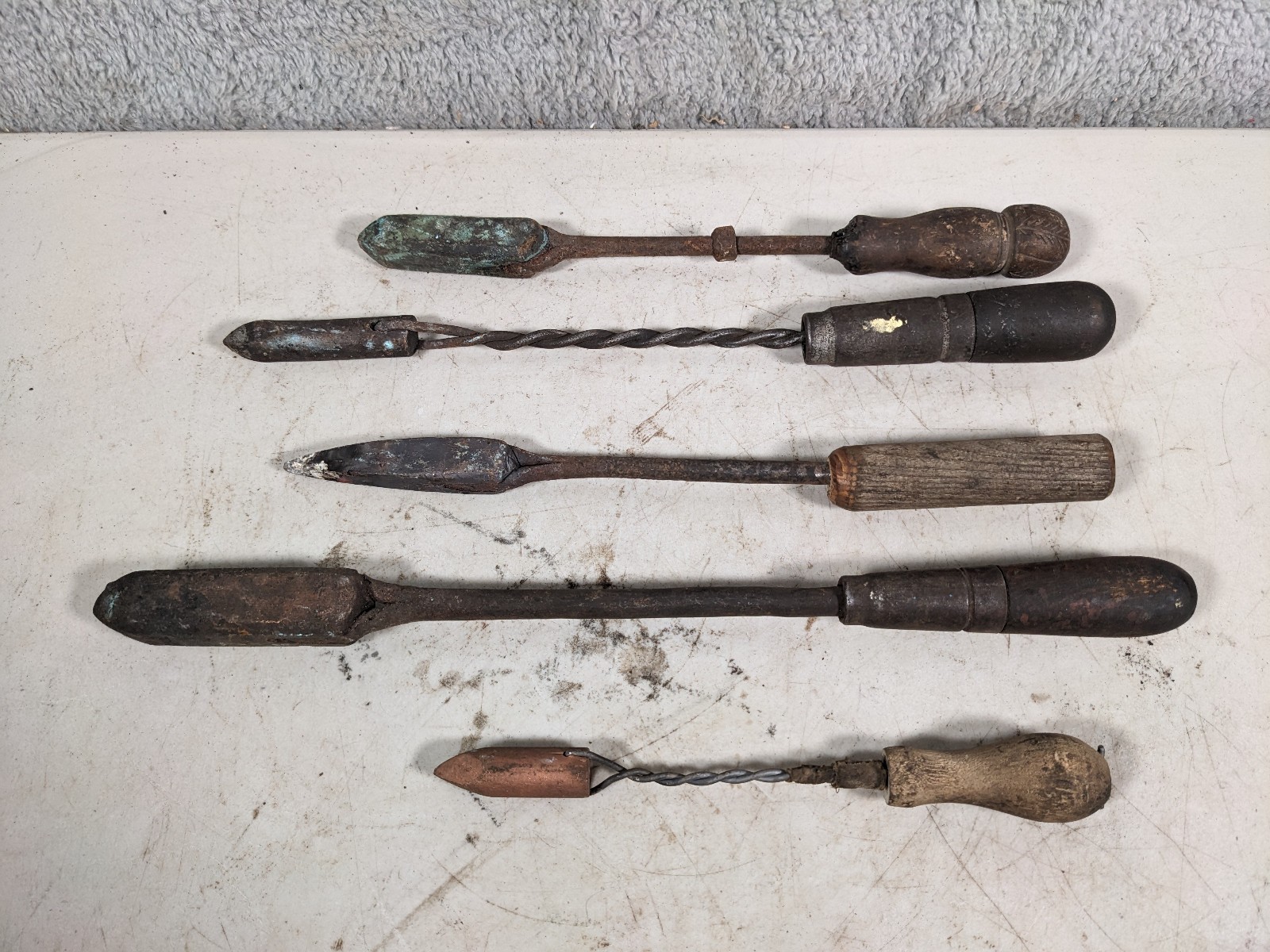 Lot (5) Antique Soldering Irons Tools Wooden Handles Copper