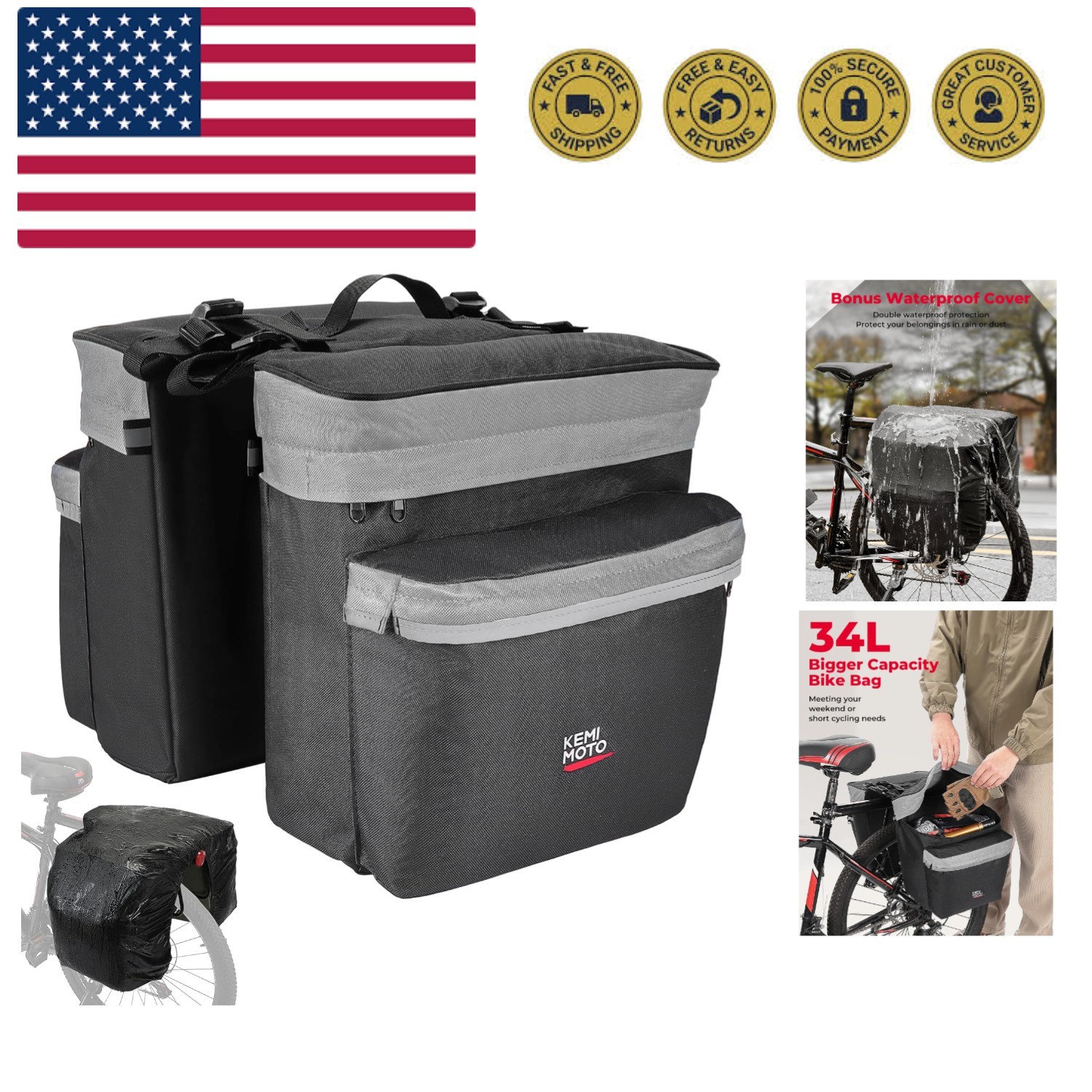 Bike Bag Panniers with Rain Cover, 34L Waterproof Bicycle Saddle Bag for Rear...