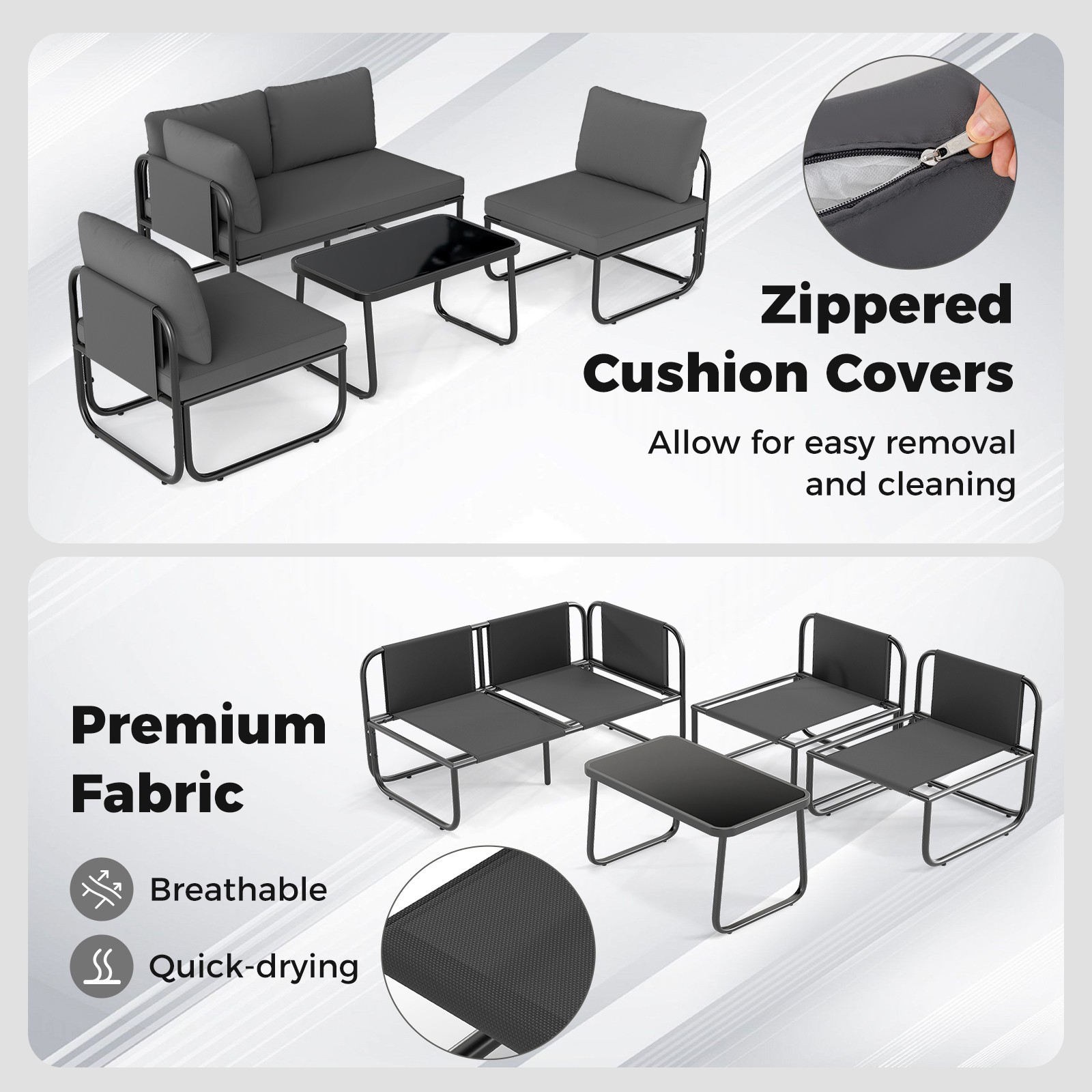 4 PCS Patio Furniture Set w/Cushions & Tempered Glass Coffee Table for Garden