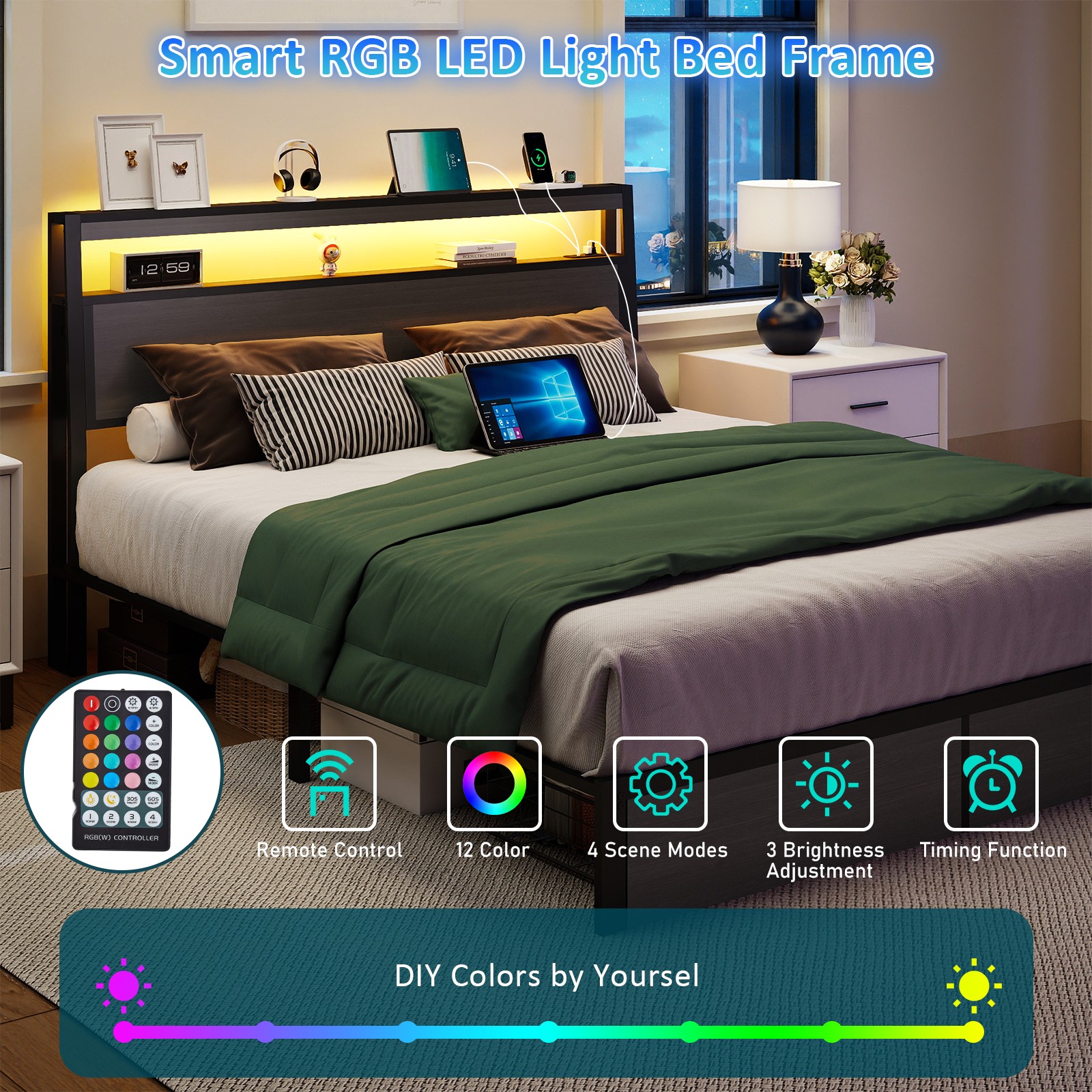 Queen Full Size Bed Frame with Storage Headboard &Charging Station＆ LED Lights