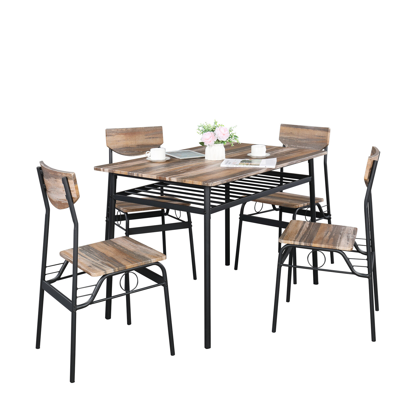 US 5Pcs Rustic Wood Dining Set With 1 Rectangular Table & 4 Chairs Natural Color