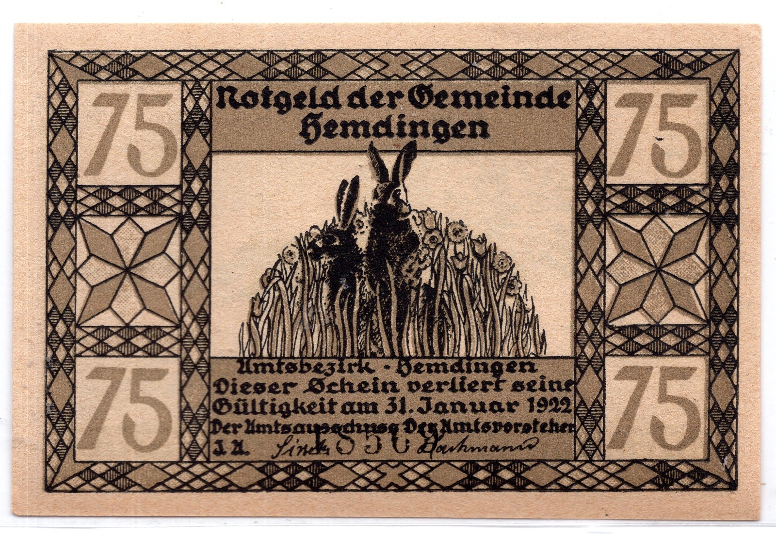 1922 Germany Hemdingen Notgeld 75 Pfennig (2178)