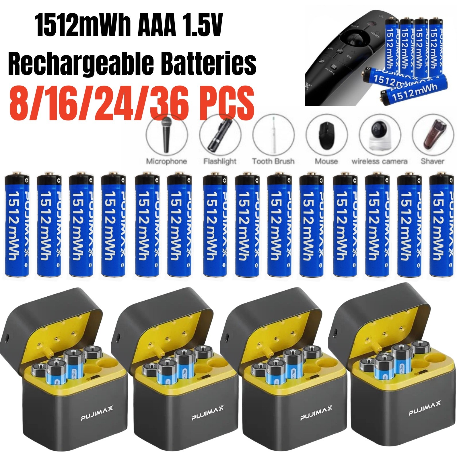 8/16/24/32PCS 1.5V Rechargeable AAA Batteries Lithium 1512mWh  with Fast Charger