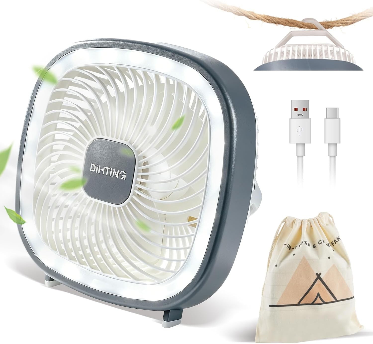 8" Recharable USB Desk Fan, 180° Rotating Table Fan with LED Lights,