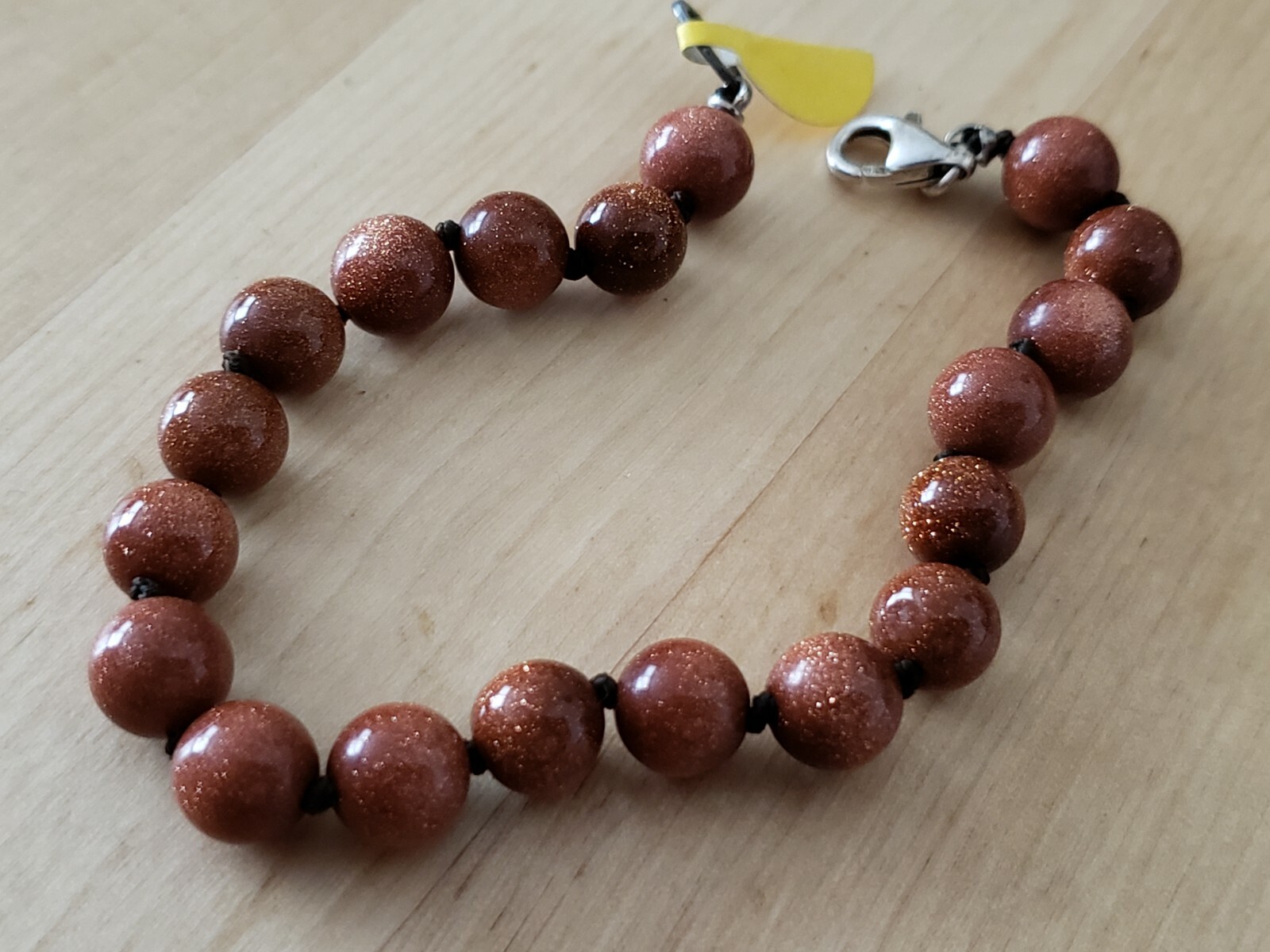 Hand- Made Genuine * GOLDSTONE* BRACELET 7.5" Long,8mm.Sterling 925 Lock-USA