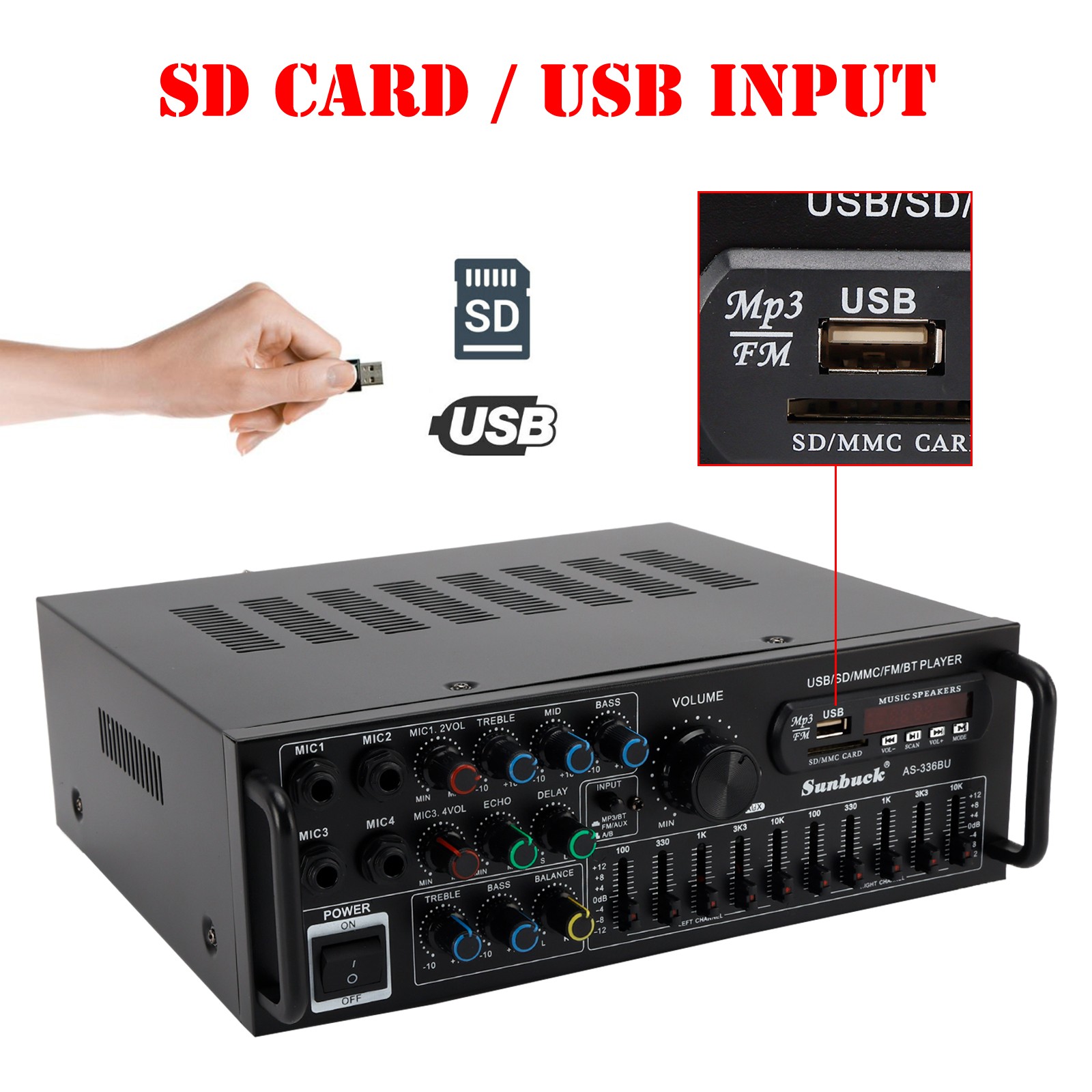 SUNBUCK 400W RMS 2000W Peak Stereo Amp BT 5.0 USB/SD FM Mic Inputs Home Car