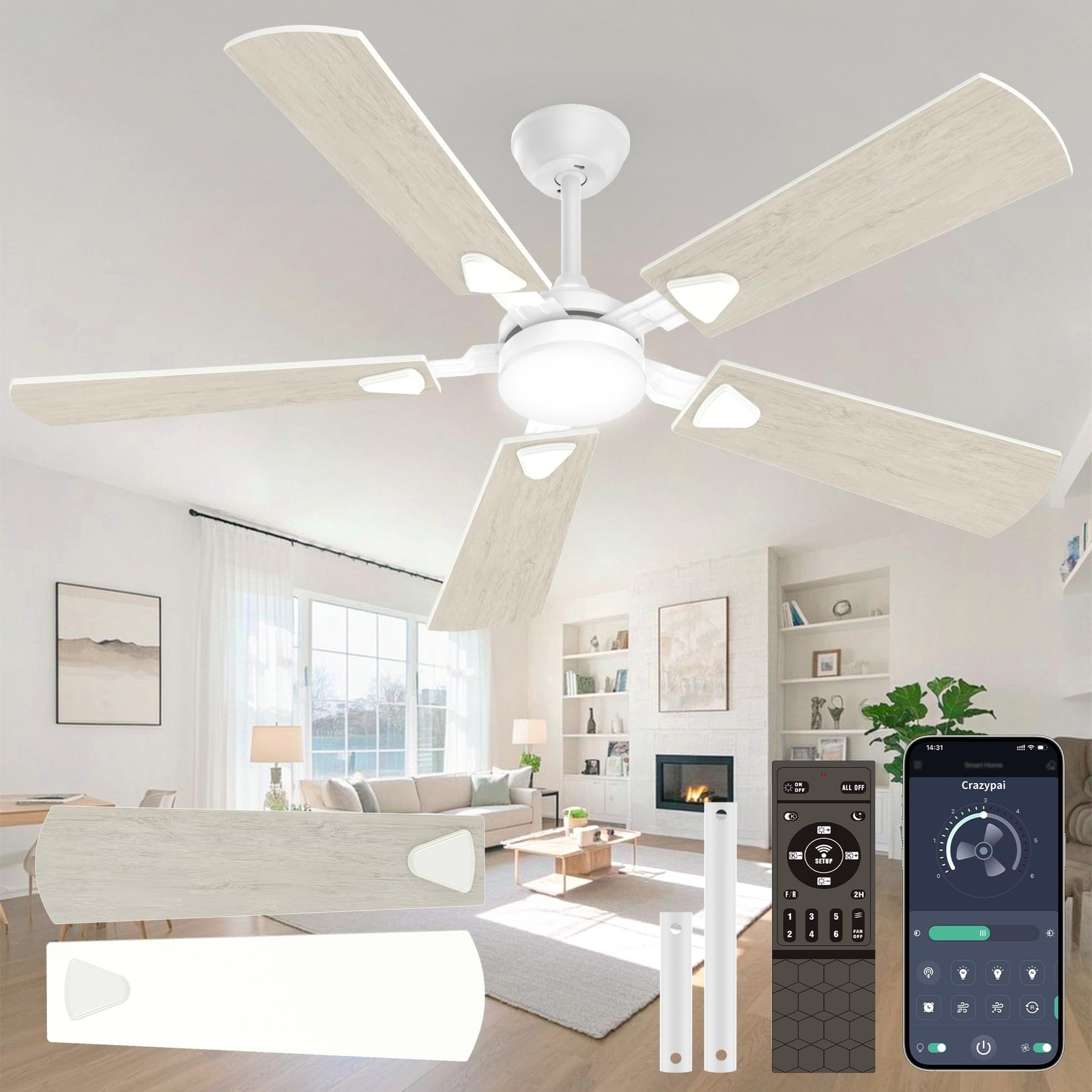 Ventilador De Techo 52 Inch Con Luz y Control Remoto Blanco Moderno Para Cuarto