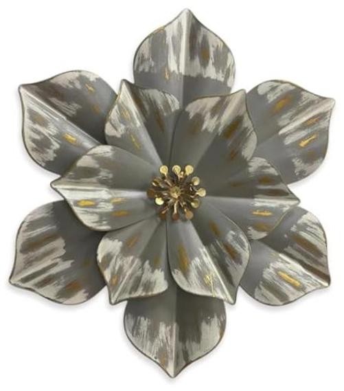 Metal Flower Wall Sculpture, 12.5" Rustic Modern Floral Artwork, 01B-Grey