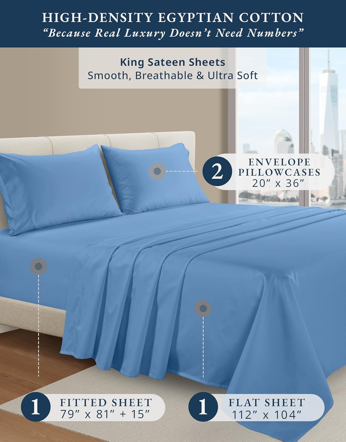 Egyptian Cotton King Bed Sheets - Soft, Cooling, Sateen Weave - Blue Jasper
