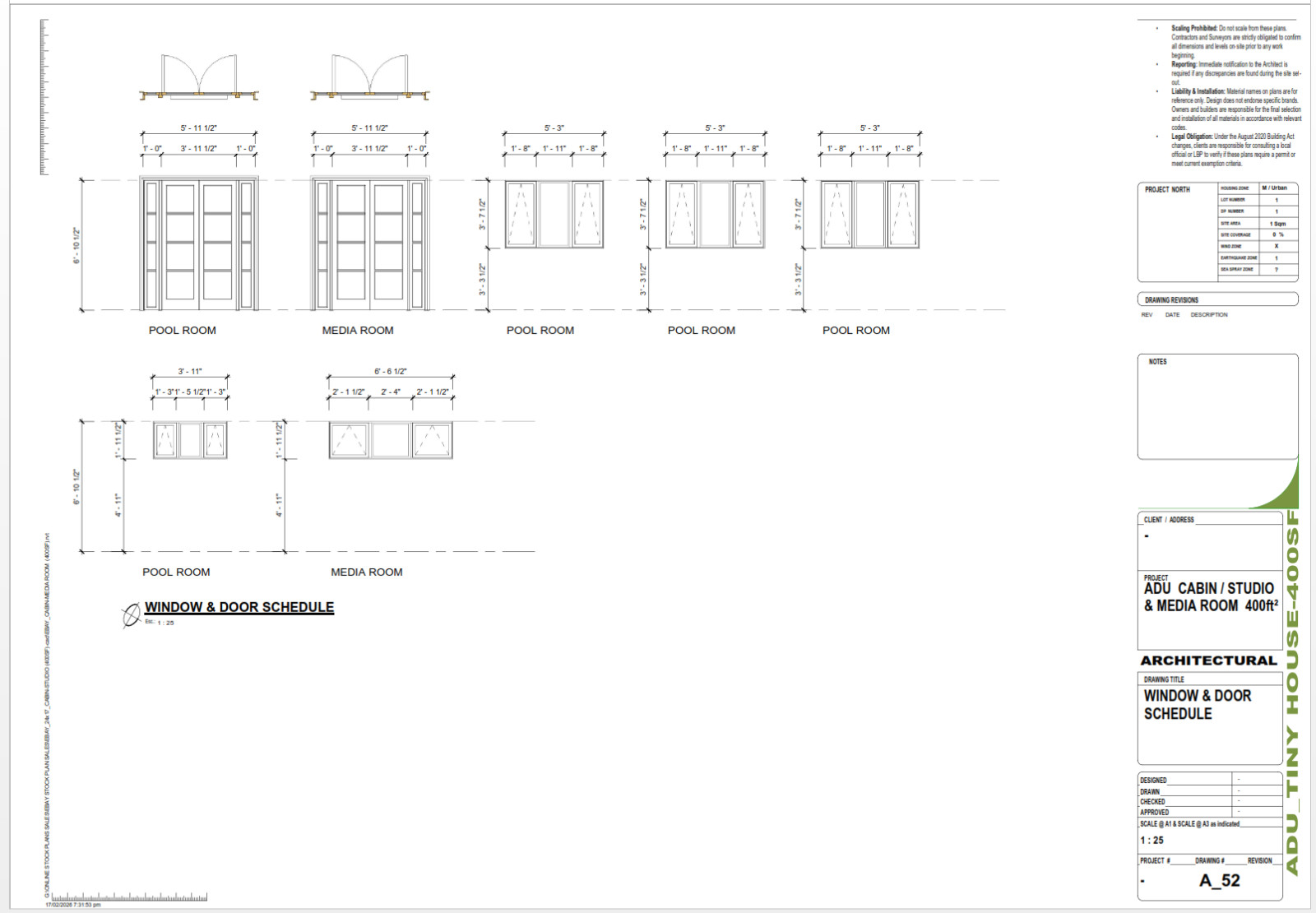 Tiny House ADU working s 2 Room Layout, (400SF) Covered Deck, PDF+ CAD File