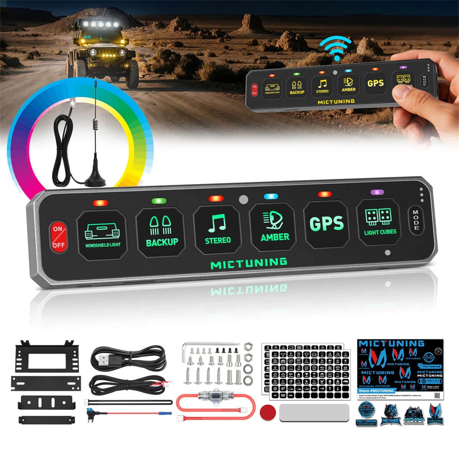MICTUNING Wireless 6 Gang Switch Panel On/Off LED Relay System Kit 12v/24v Boat