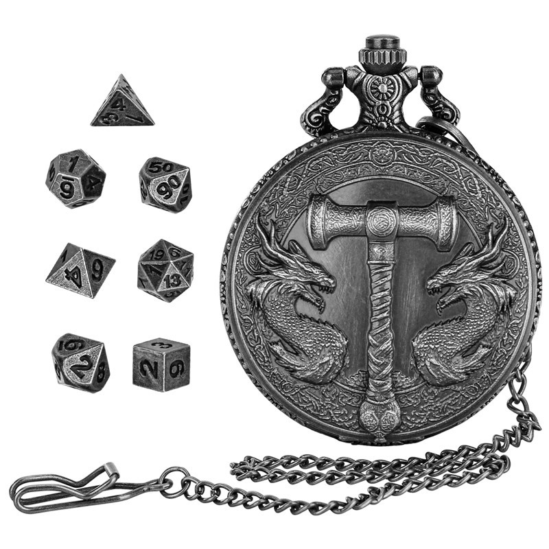 7pcs Mini Solid Metal Polyhedral Dice Set for RPG in Dragon Pocket Watch Case