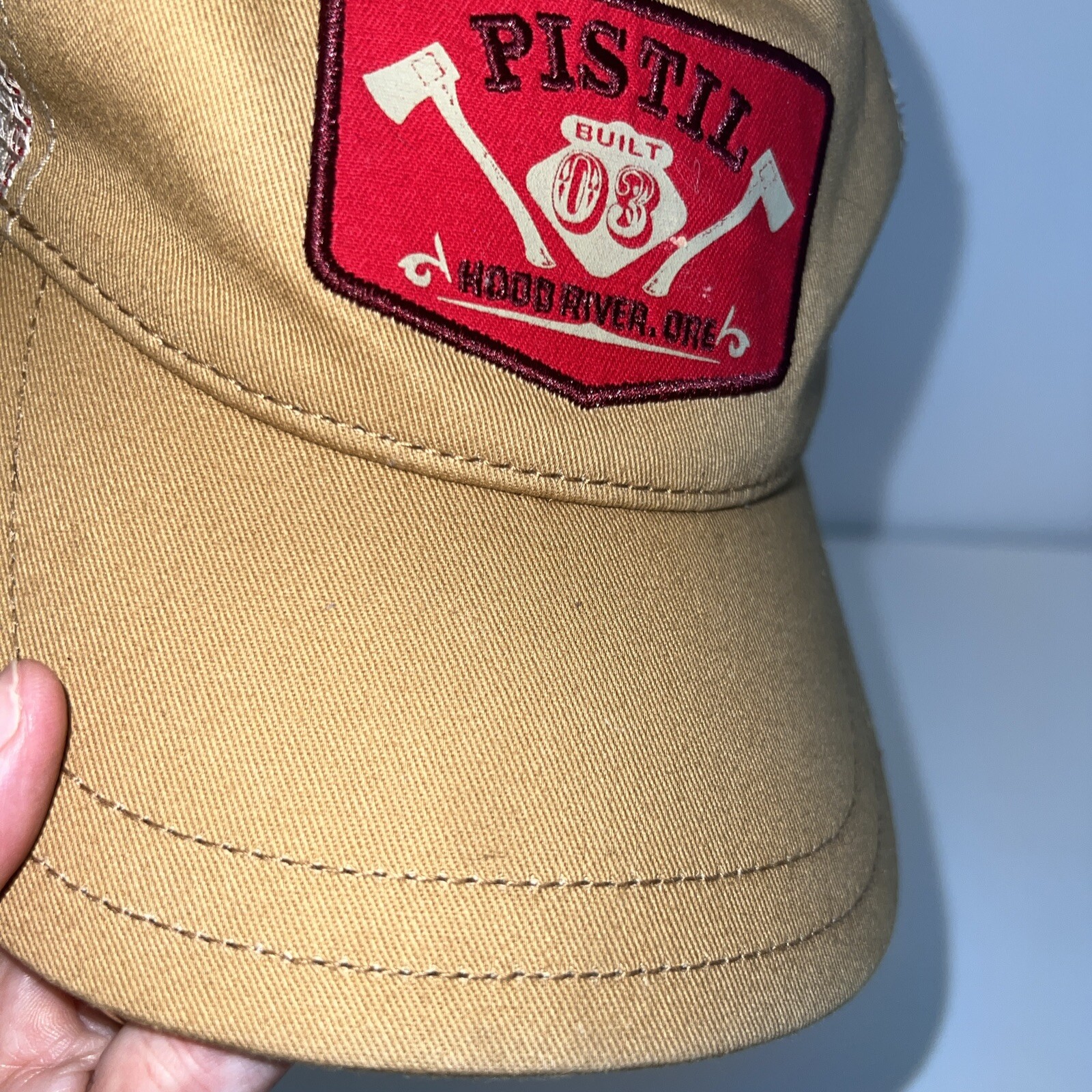 PISTIL Built 03 Hood River ORE Hat Cap Trucker with Gold fabric, Tan Mesh Red