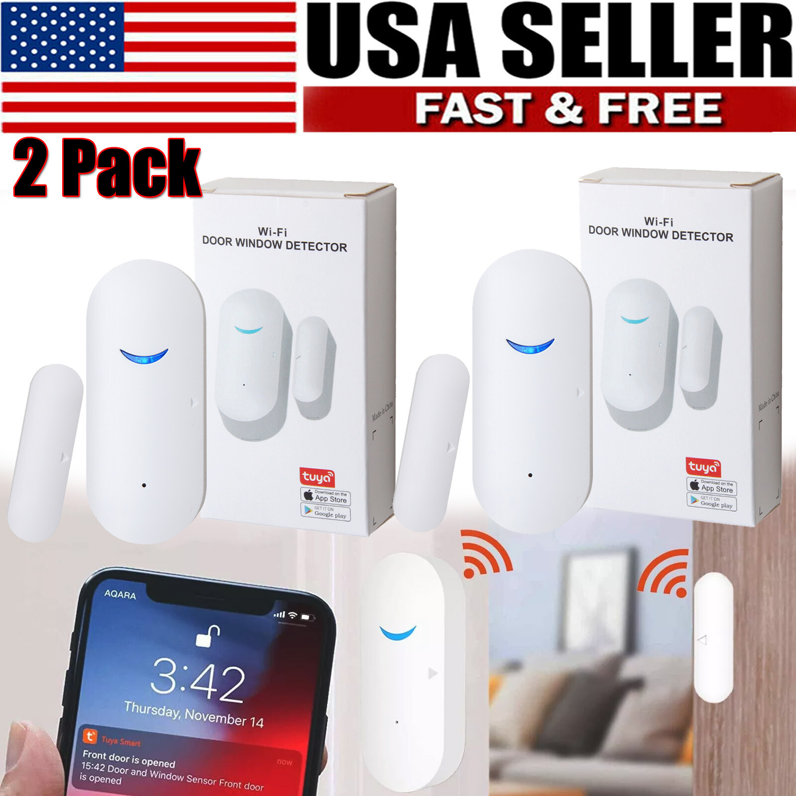 2PCS WIFI Smart Door Sensor Window Detector Alarm Tuya APP For Alexa Google Home