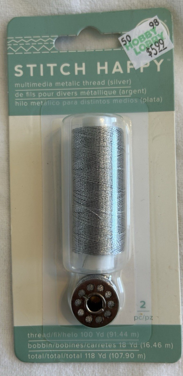 NIP We R  Stitch Happy Silver METALLIC Thread for Sewing Machine with Bobbin NEW