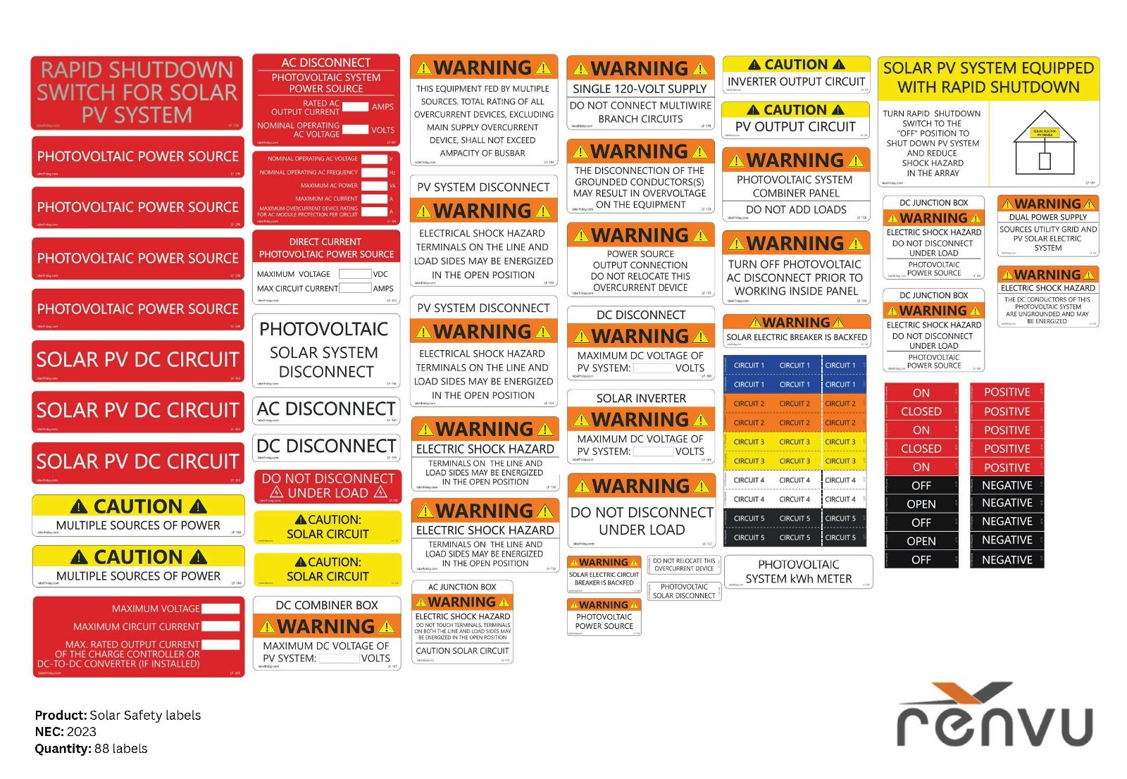 NEW Complete PV Solar Safety Labels NEC 2023 label pack with 88 labels