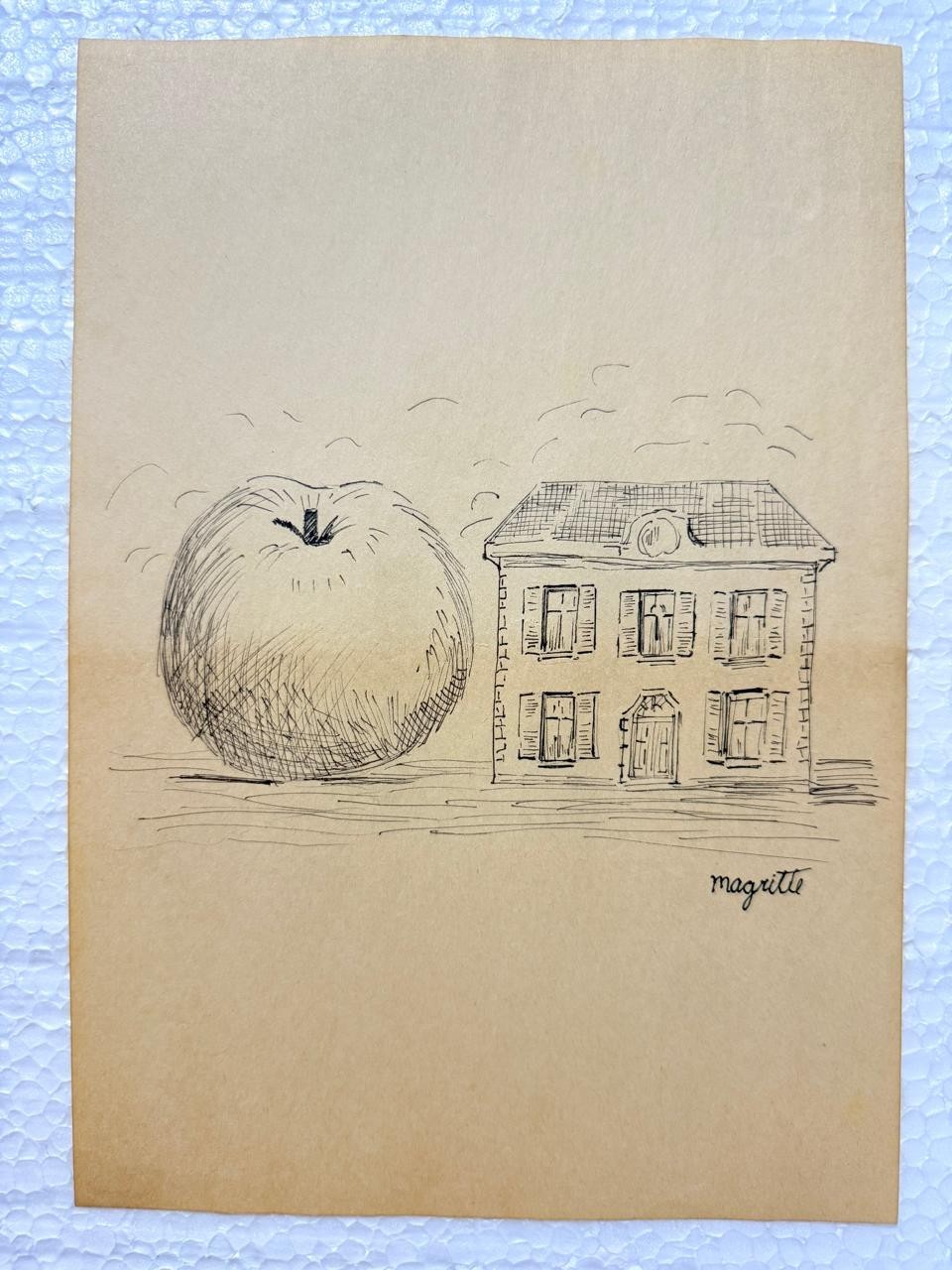 Rene Magritte (Handmade) Mixed media drawing on antique paper, signed and sealed