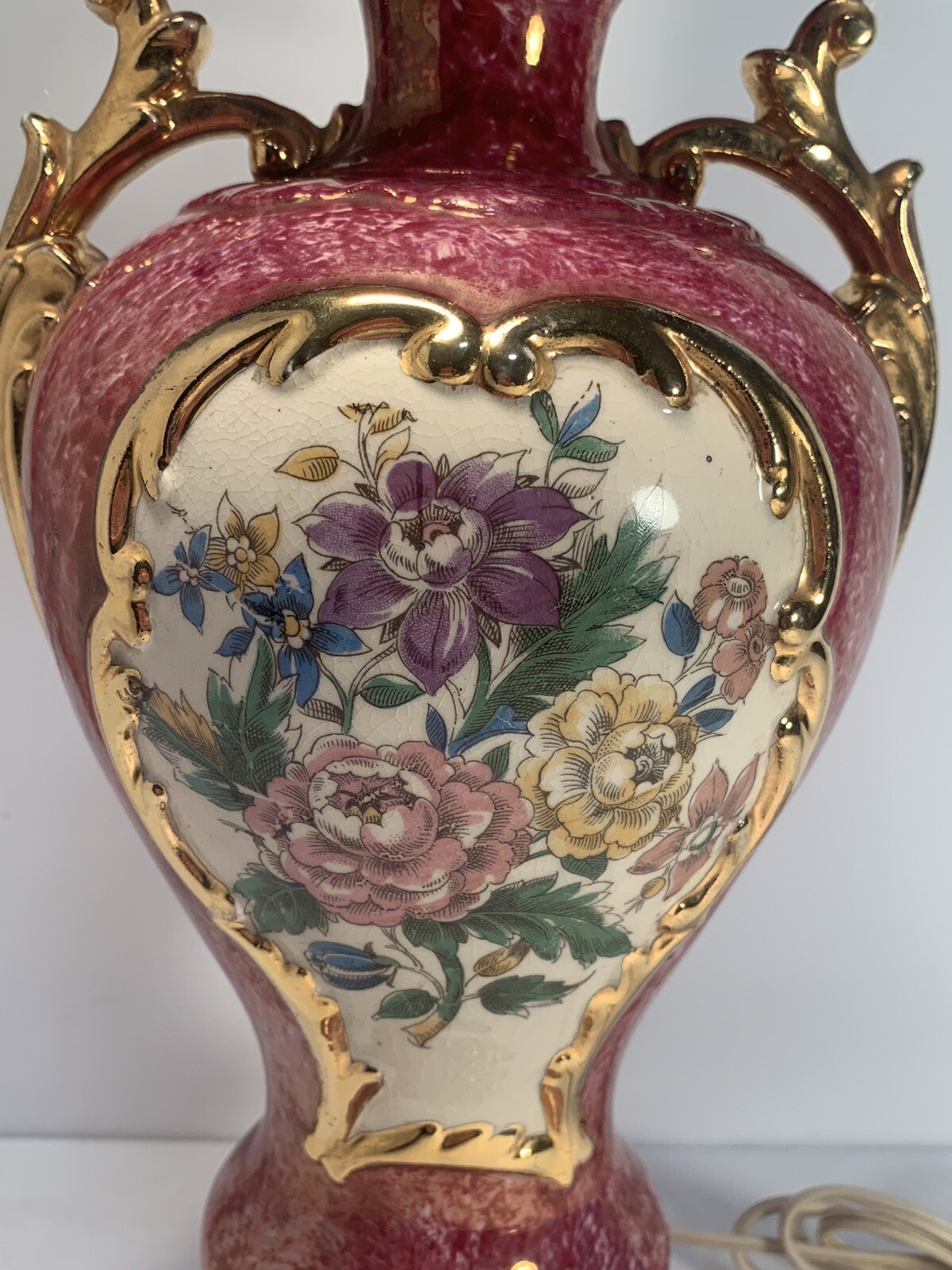 40s 50s Regency, French, Floral, Hot Pink, lavender, yellow, gilded, table lamp