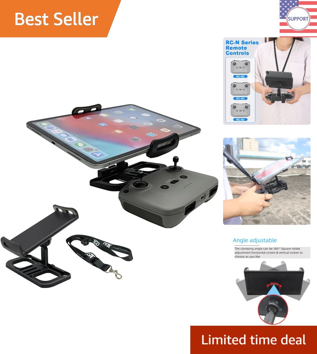 Adjustable Drone Tablet Mount 4.7-12.9" for DJI Controller - Lanyard Included