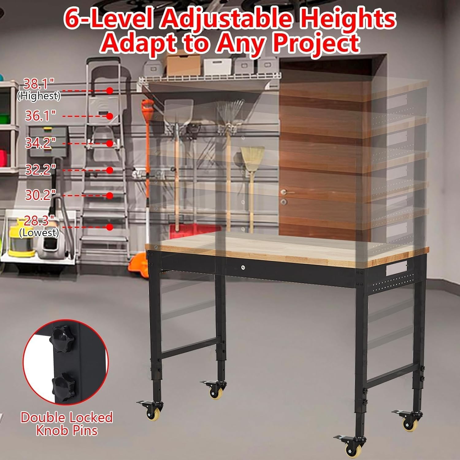 48" Workbench Adjustable Height Workstation with 4 Rolling Casters 2000 LBS Load
