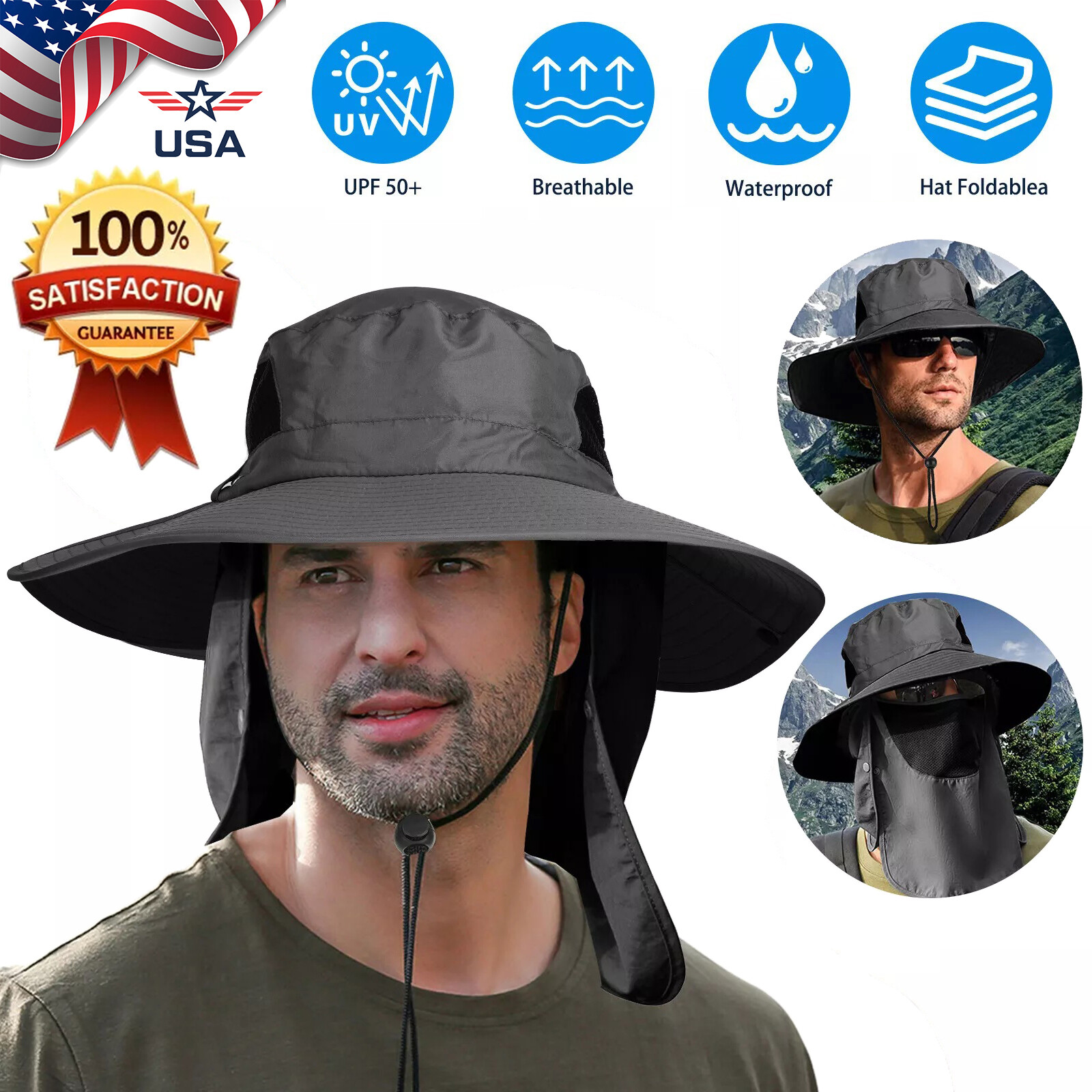 Fishing Hat Outdoor UV Waterproof Wide Brim Bucket Hat Sun Hat with Neck Flap US