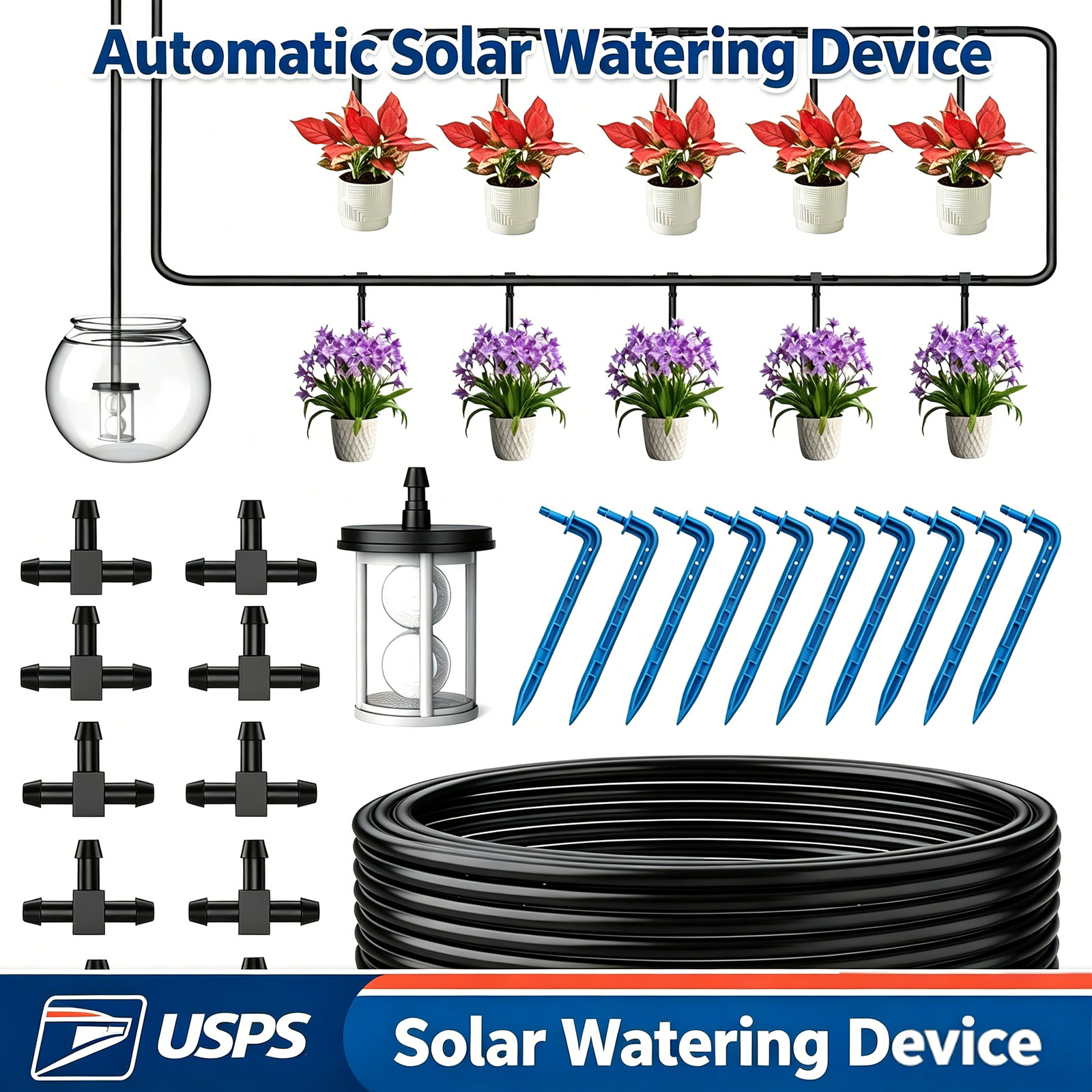 drip irrigation accessories，33ft Hose, Filter,10 Tee Connectors&10 Drippers