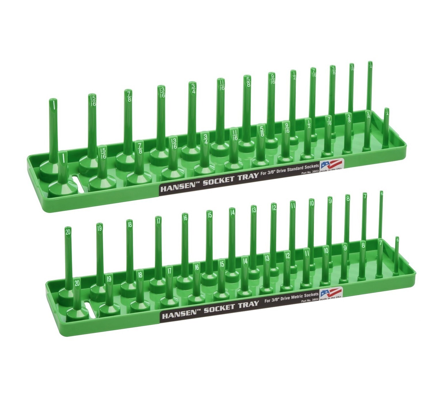 Hansen 3/8" Socket Organizer Tray Holder Set Metric & SAE Standard Deep Green