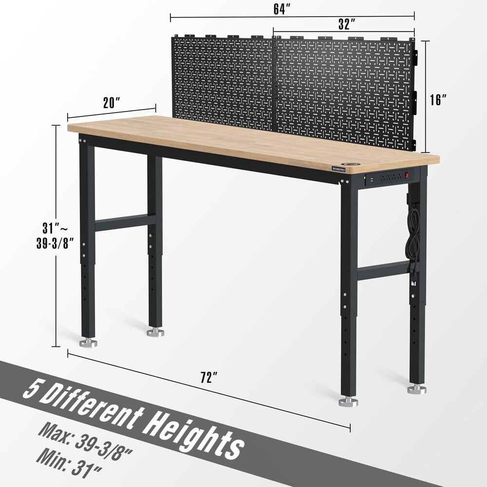 WORKPRO 72" Adjustable Workbench With 2PC 16"x32" Metal Pegboard Rubber Wood Top